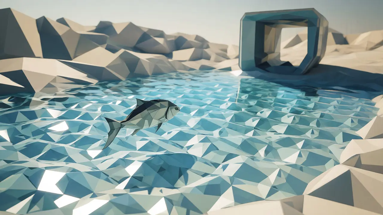 Isolated low poly fish in a shallow, empty geometric pool