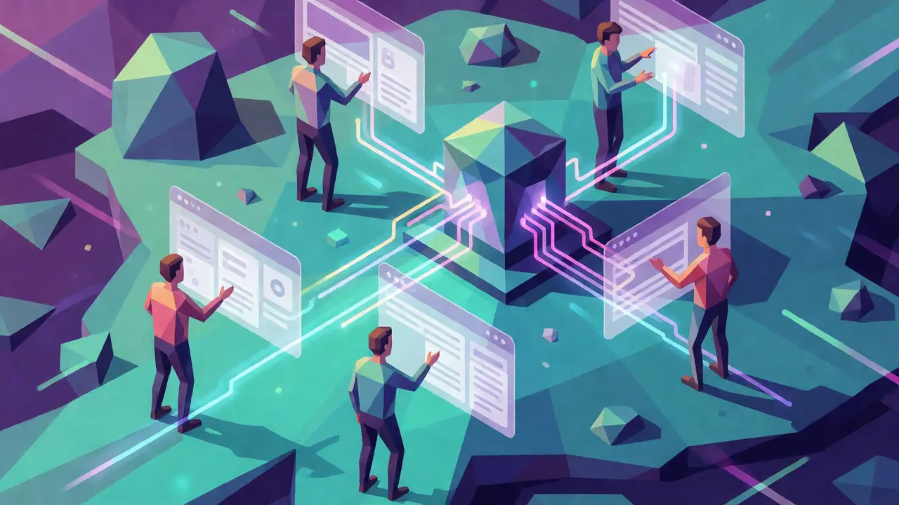 Isometric low poly scene of users interacting with blockchain liquidity pools