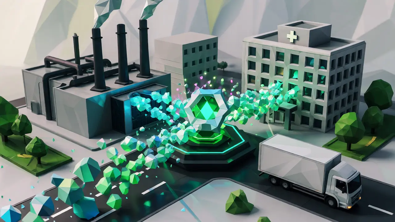 Low poly buildings connected by glowing data streams