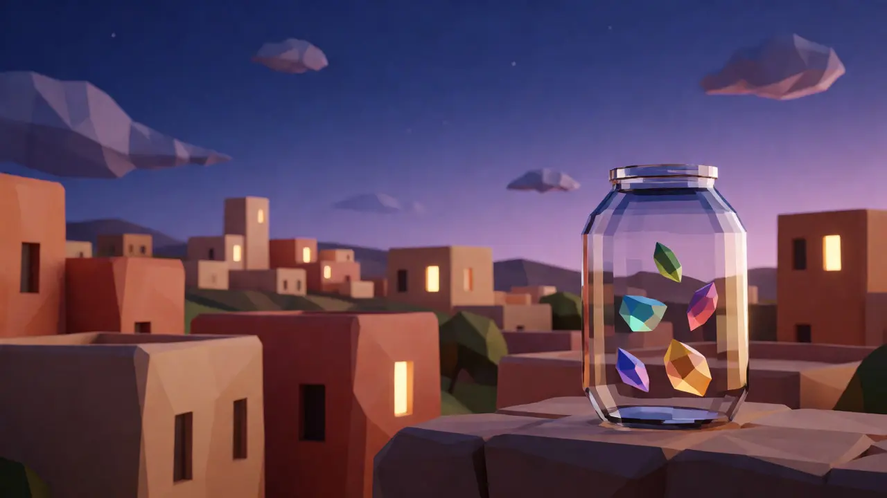 Low poly Cypriot cityscape with a jar of colorful crystals