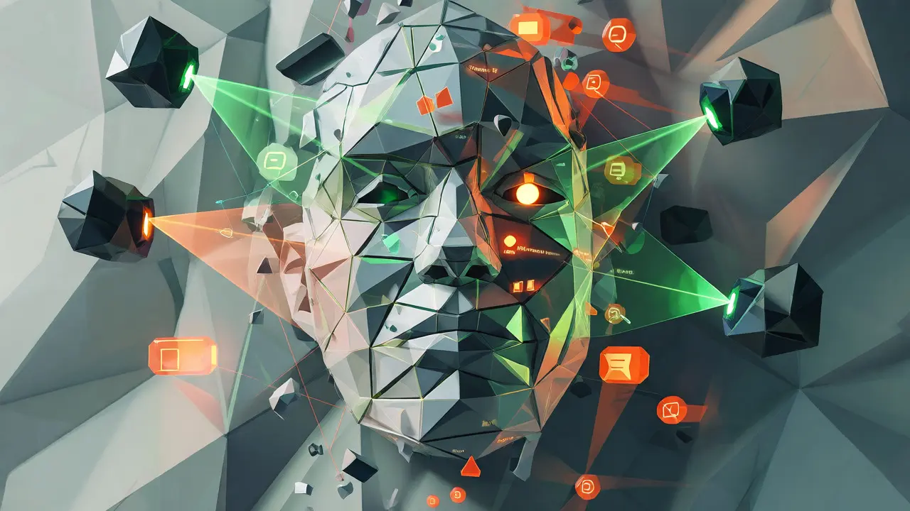 Low-poly digital face being scanned by sensors representing fingerprinting detection.