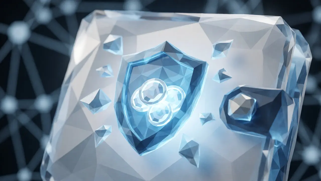 Low poly digital shield protecting tokens from scam shards in a crypto setting