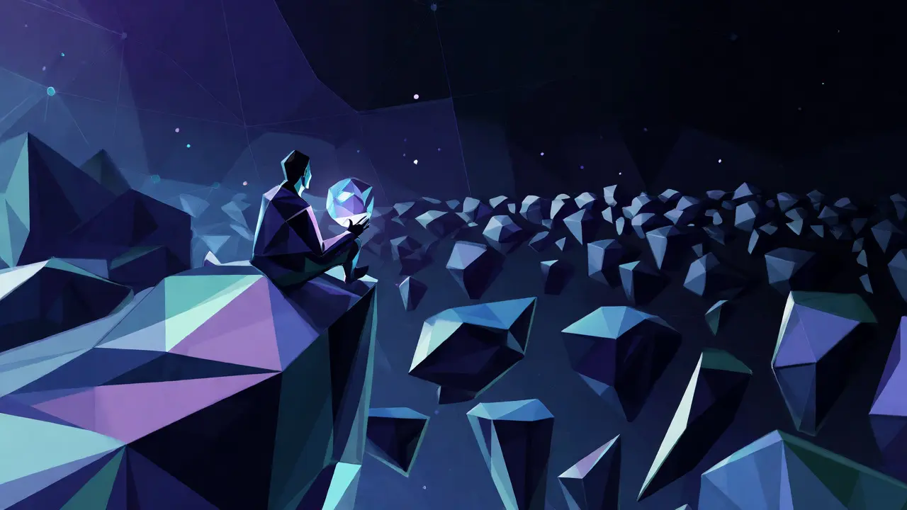 Low-poly figure on a cliff overlooking a fragmented digital void