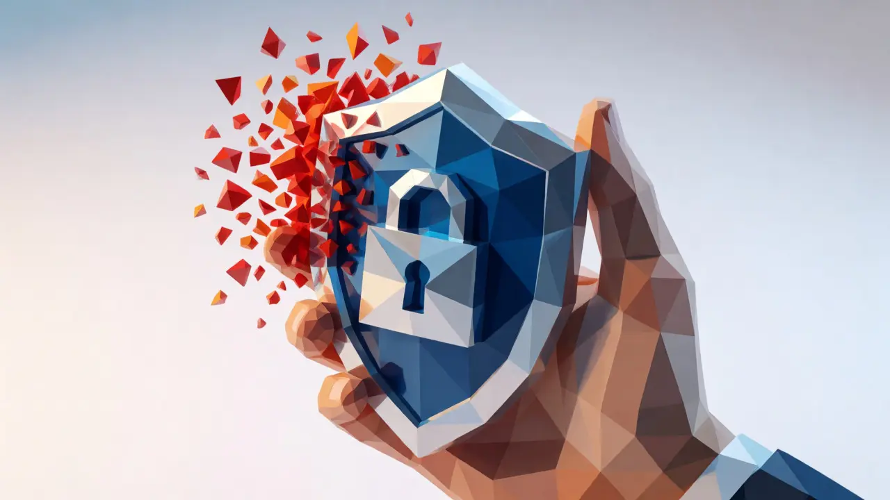 Low poly hand holding a geometric shield against volatile shards