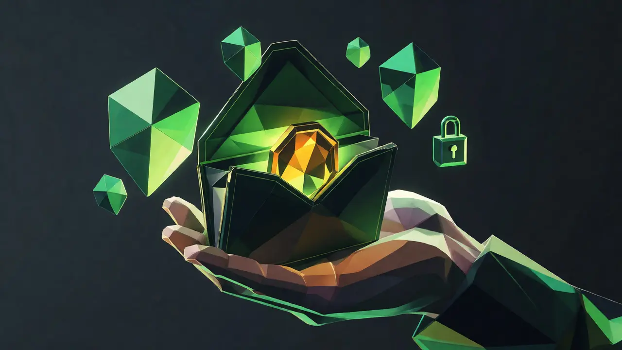 Low poly hand holding a wallet with a golden coin and security shields.