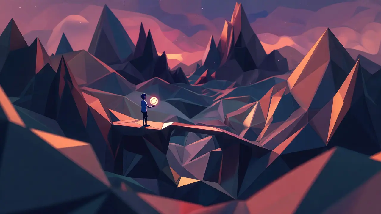 Low poly landscape depicting high-risk crypto trading volatility with a lone investor figure.