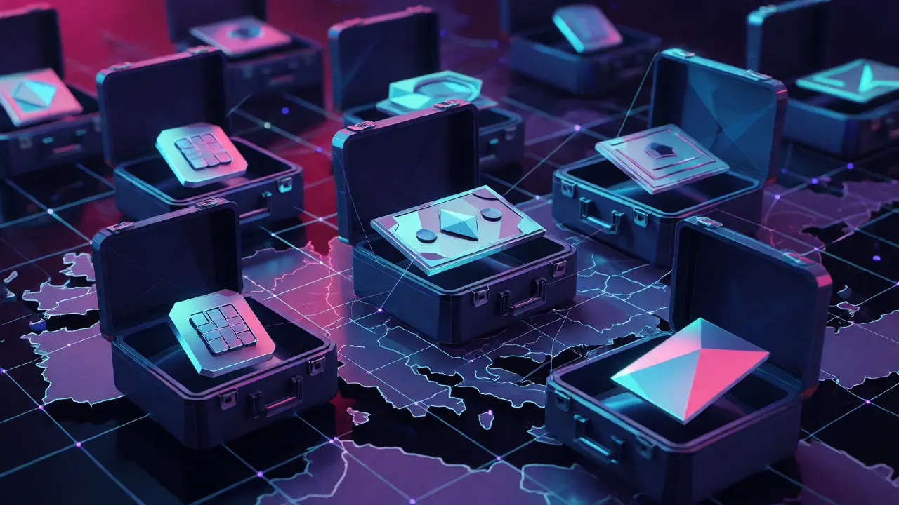 Low-poly open cases revealing identity tools like SIMs and passports for KYC.