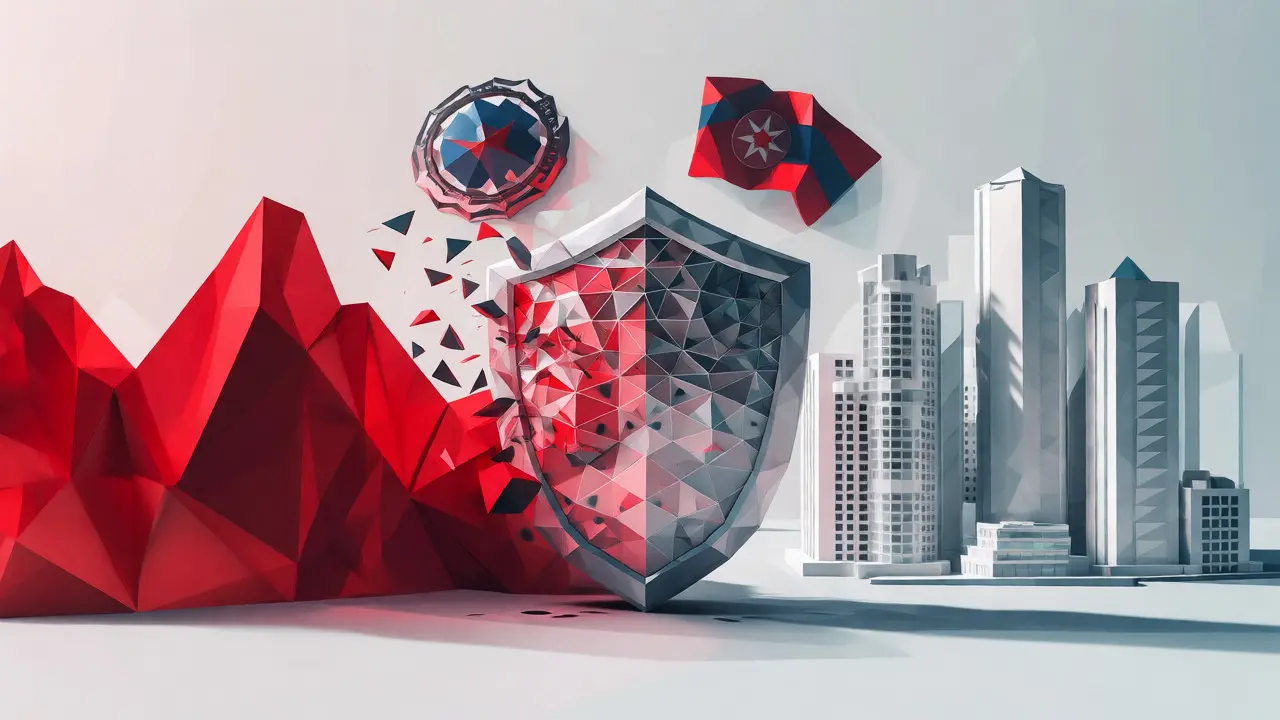 Shield blocking red hacker waves from reaching Western financial skyscrapers