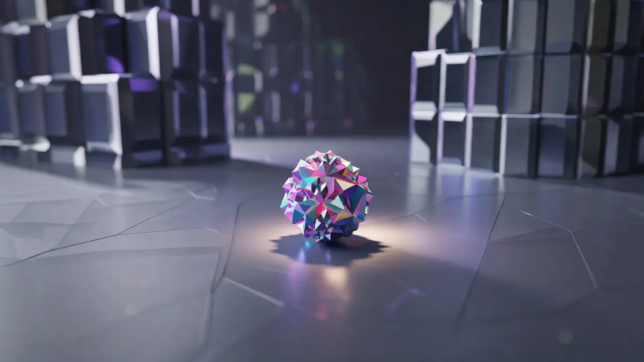 Small low poly crystal standing alone against distant giant block structures.