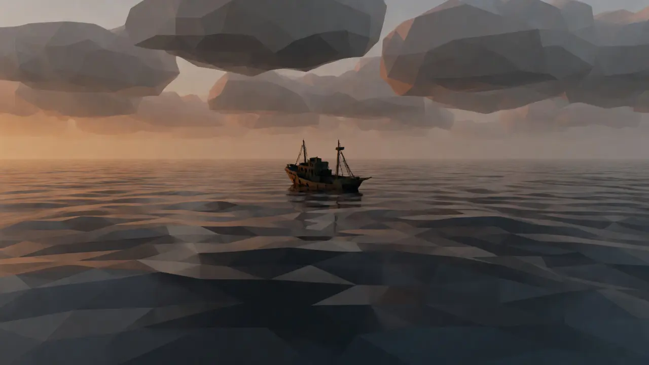 Small low-poly ship sinking in a dark geometric ocean