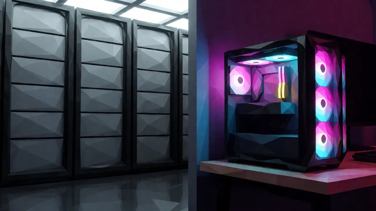 Split view of industrial ASIC servers and a home gaming PC rig in low-poly style.