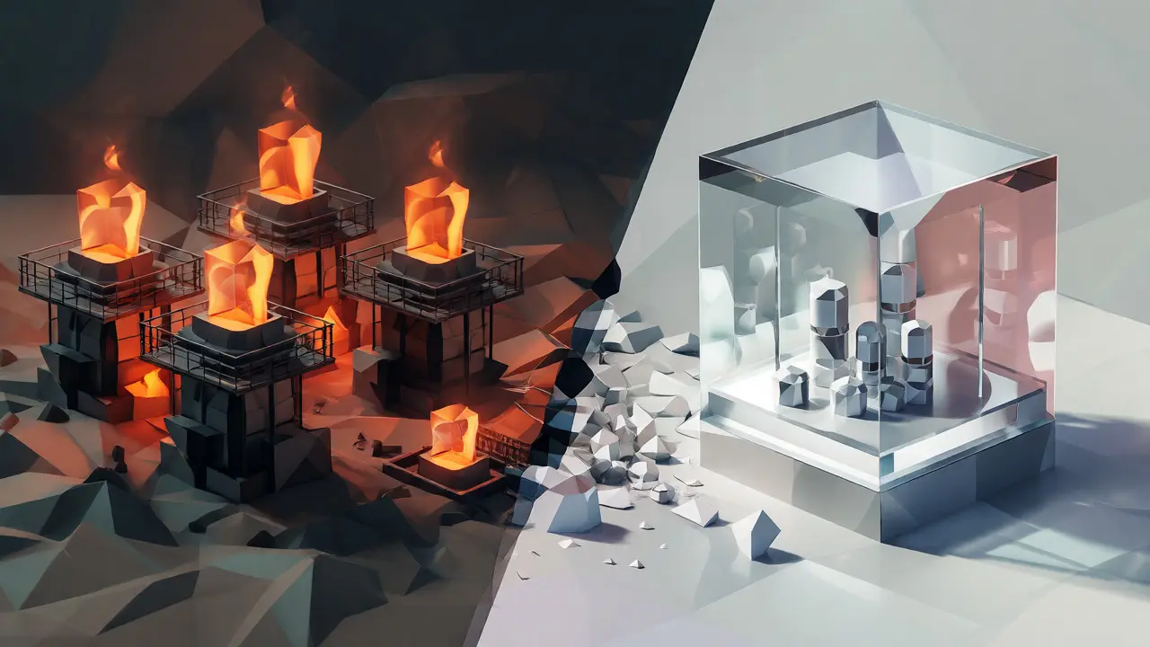 Split view of low poly mining rigs versus a qualified investor vault