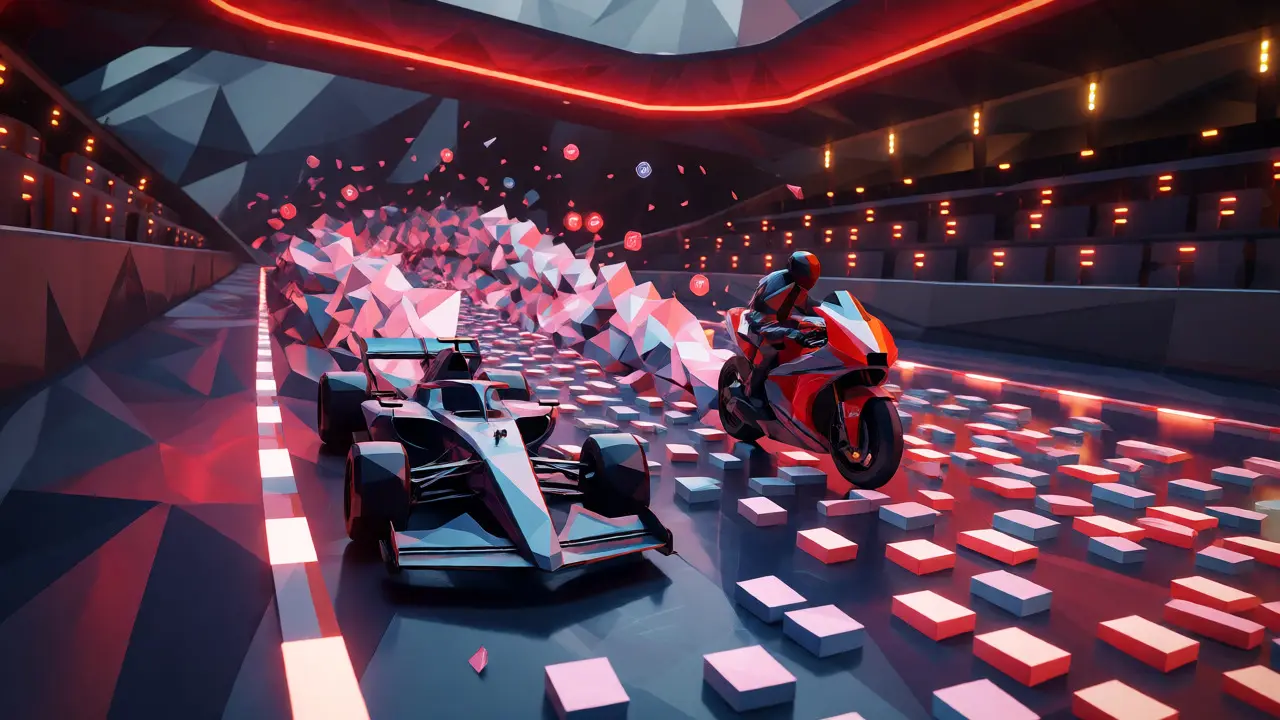 Stylized low poly race cars on a digital track emitting token particles.