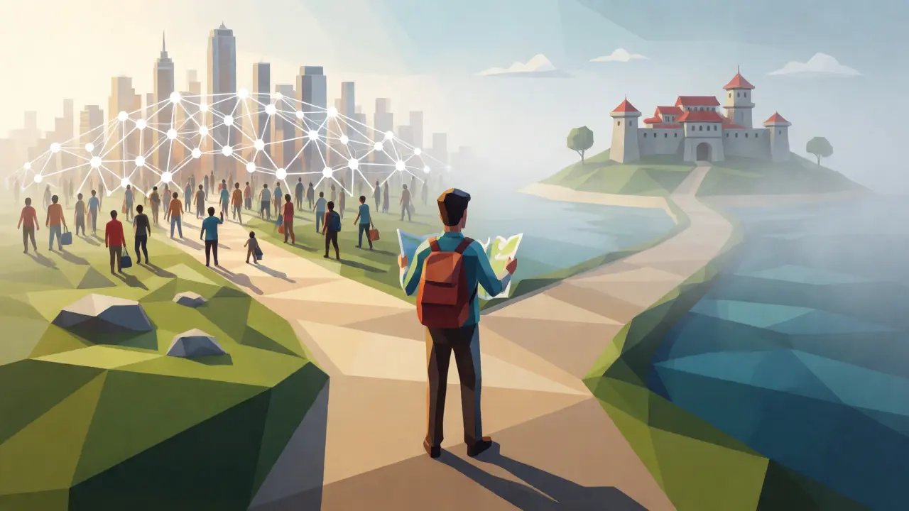 Traveler choosing between busy network and isolated island fortress