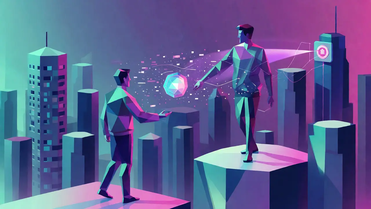Two low poly figures exchanging a digital token, symbolizing frictionless crypto payments.