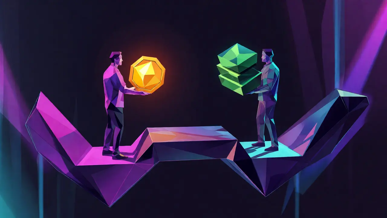 Two low poly figures exchanging crypto and currency on a neon bridge.