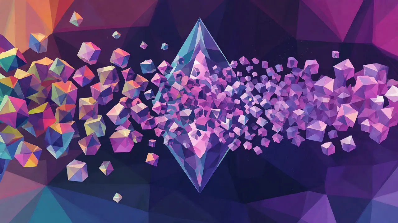 Abstract low poly art depicting zkSNARKs masking transaction data through a cryptographic prism.