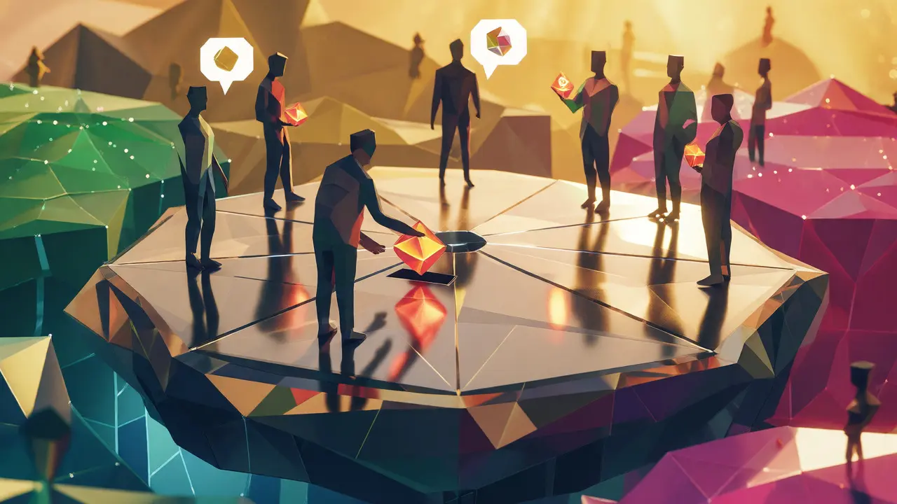 Low poly scene of community members voting on governance using CYC tokens on a digital platform.